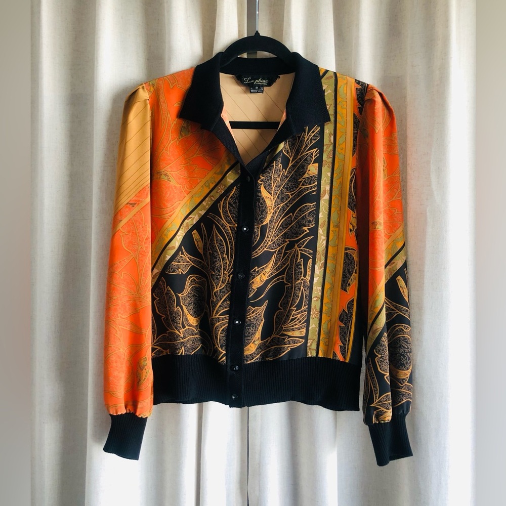 La Phias Polyester Button Front Blouse in Orange & Black